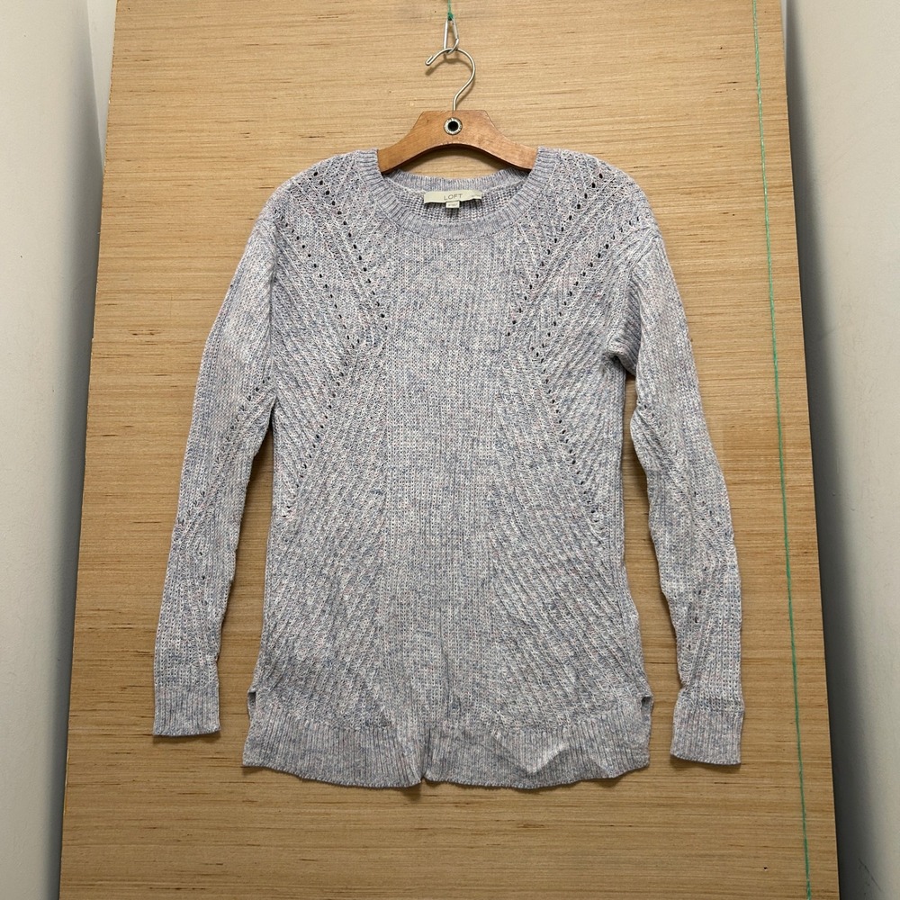 LOFT Petites Marled Knit Pointelle Chevron Sweater Lavender Blue SP 5638